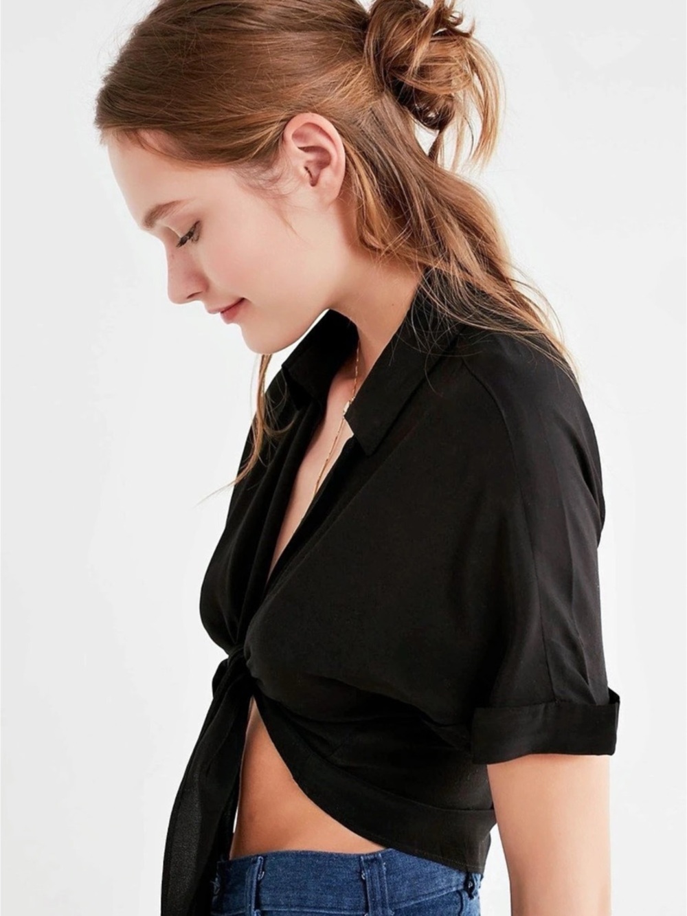 Urban Outfitters Black Tie Front Cropped Blouse S-P